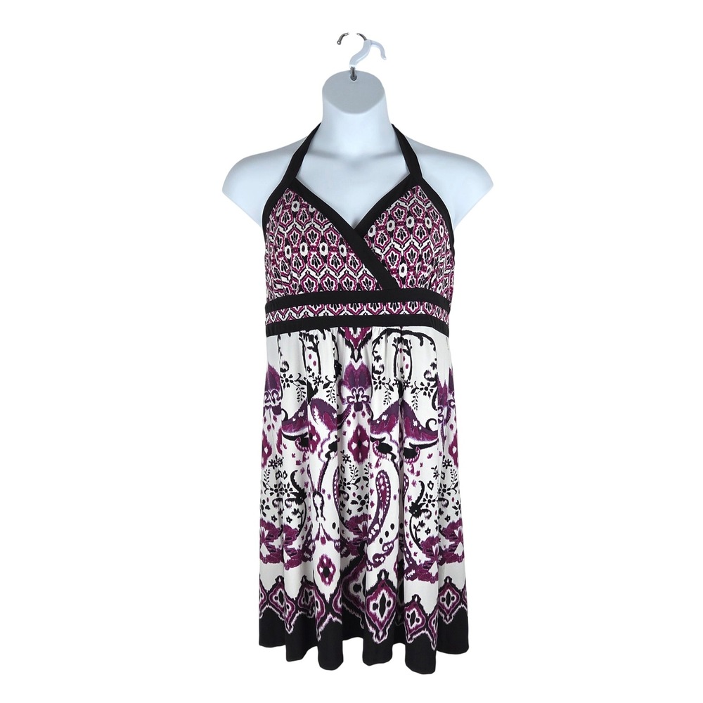 Y2K Apt 9 Babydoll Halter Mini A-line Dress Size XL Purple White Black Paisley‎